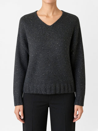 Maglia Paola Burani Scollo a V con Paillettes Nero indossata, davanti
