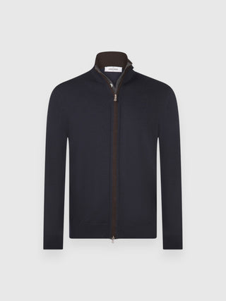 Cardigan Gran Sasso Full Zip in Pura Lana blu navy vista 1
