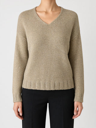 Maglia Paola Burani Scollo a V con Paillettes Miele indossata, davanti