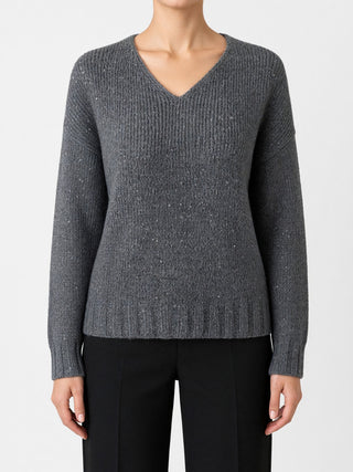 Maglia Paola Burani Scollo a V con Paillettes Grigio indossata, davanti
