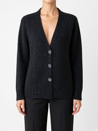 Cardigan Paola Burani Scollo a V con Paillettes Nero indossato, davanti